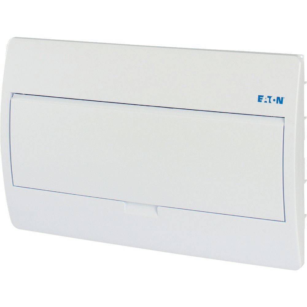 Ein weißes elektrisches Verteilerschaltpult mit geschlossenem Deckel, auf dem oben rechts das 'EATON' Logo in blauer Farbe angebracht ist.
