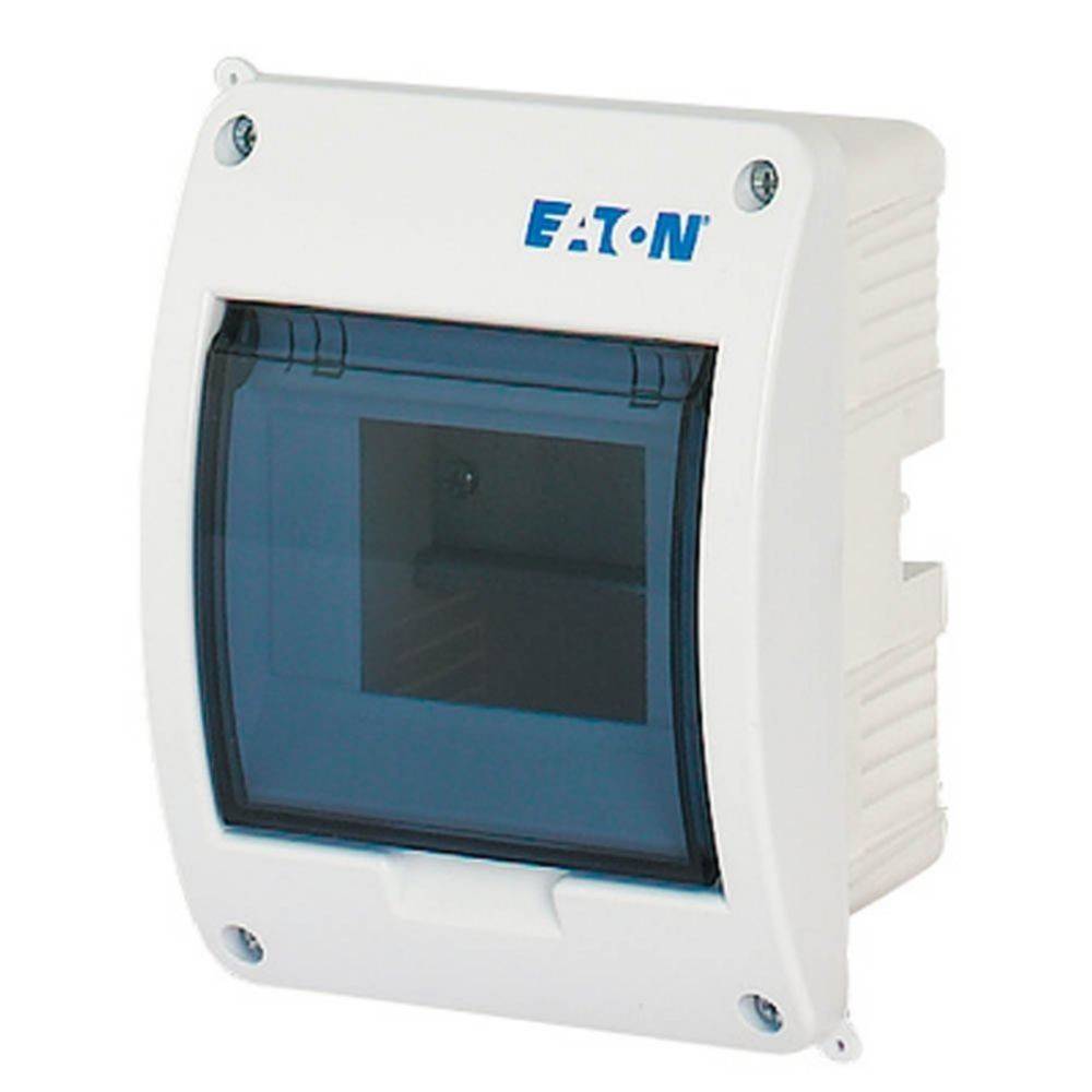 Eaton-Gehäuse in Weiß für den Innenbereich mit transparenter Tür, entwickelt zum Schutz von Schaltungskomponenten.
