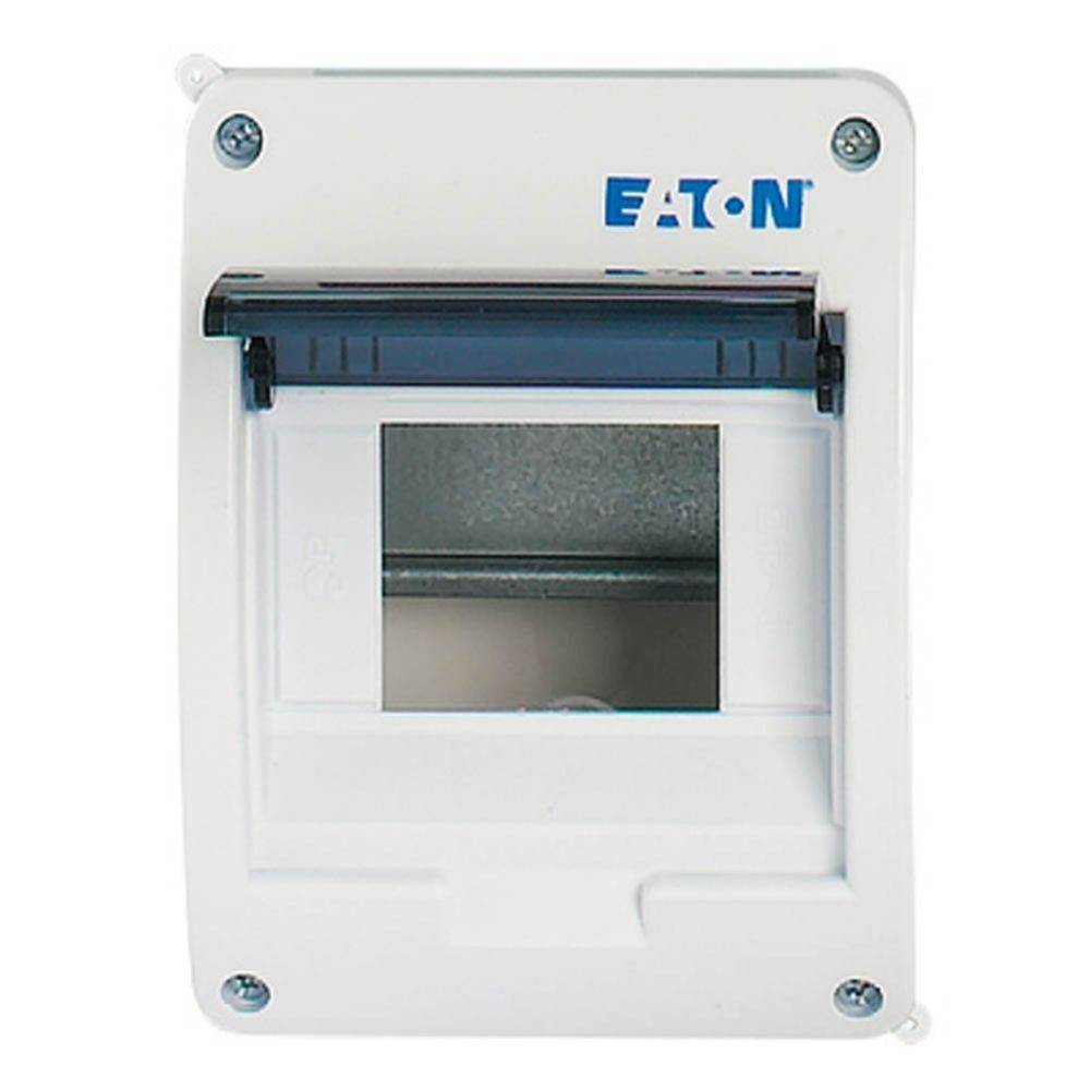 Eine weiße EATON Elektro-Verteilerdose mit einer transparenten, blau getönten Abdeckung, die eine sichtbare rechteckige Öffnung aufweist.