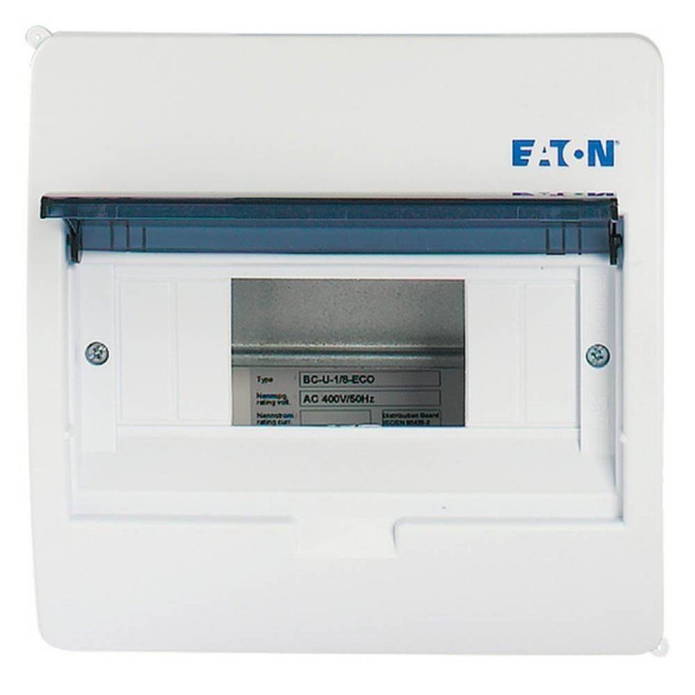 Ein mit 'EATON' beschriftetes weißes elektrisches Verteilerschaltpult mit einem transparenten Deckel, der Produktspezifikationen im Inneren zeigt.