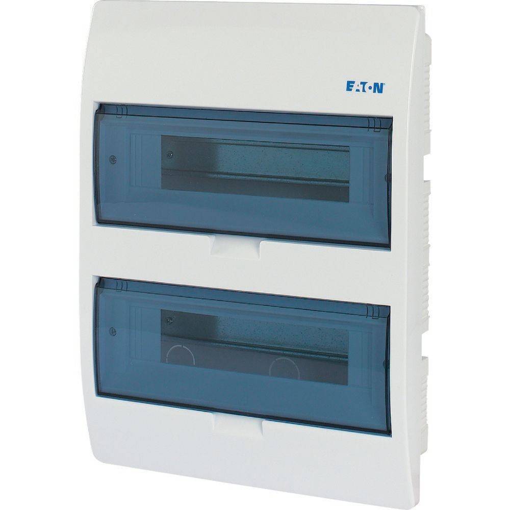 Ein weißer Elektroverteilkasten mit zwei transparenten blauen Abdeckungen zum Zugriff auf die Sicherungen im Inneren.