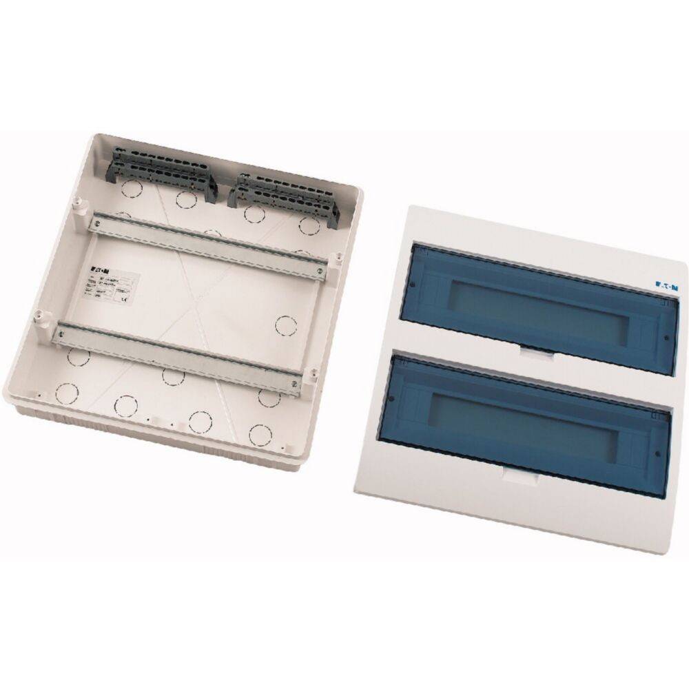 Zweiteilige elektrische Gehäuse, ein Teil leer mit Kabelkanälen, der andere mit zwei transparenten blauen Abdeckungen für den Schaltkreiszugang.