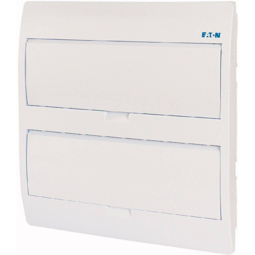 Eine weiße Eaton Kunststoff-Elektroverteilerdose mit zwei horizontalen Fächern für Sicherungsautomaten.