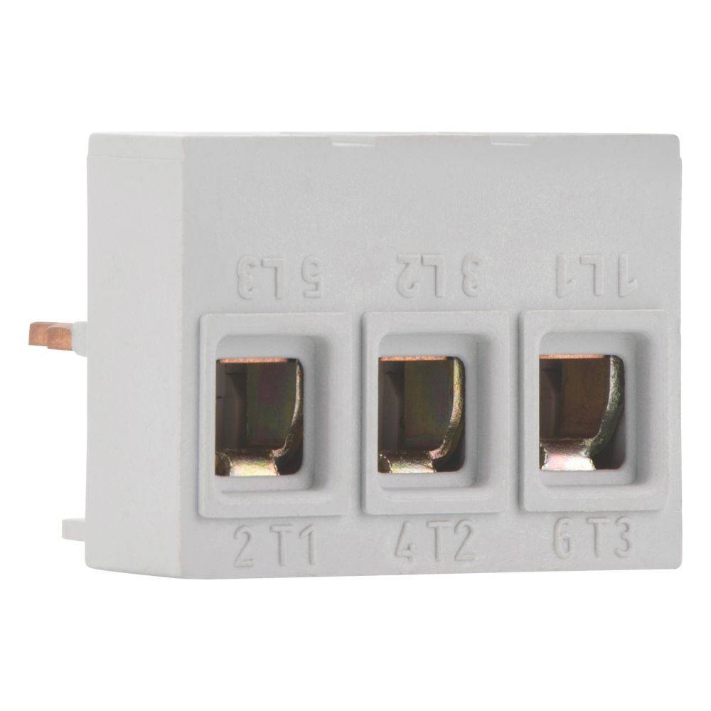 Ein kleiner grauer Anschlussblock mit drei Steckplätzen, beschriftet mit '2T1', '4T2' und '6T3' für elektrische Verbindungen.