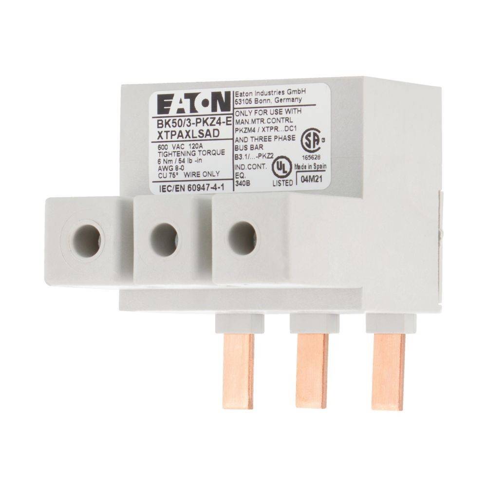 Eaton Industries GmbH Verbinder, Modell BK50/3-PKZ4, bewertet mit 690V und 12 kA 50-60 Hz, zur Verwendung mit PKZ4 Transformatoren, Deutschland.