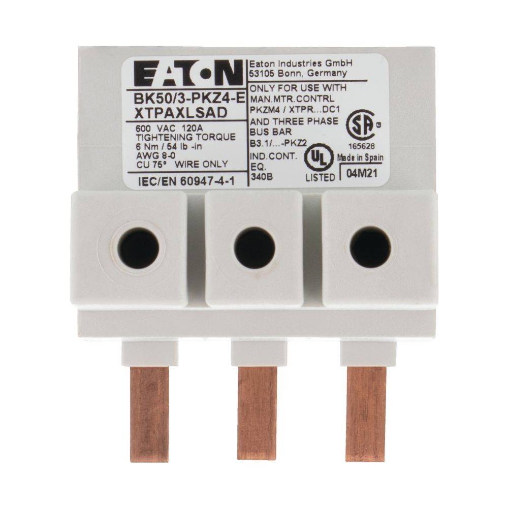 Weißer Eaton Leistungsschalter Modell BK50/3-PKZ4-E, ausgelegt für 600 VAC, 120A, mit Sammelschienen-Anschlüssen. Spezifikationen und Markenzeichen sichtbar.