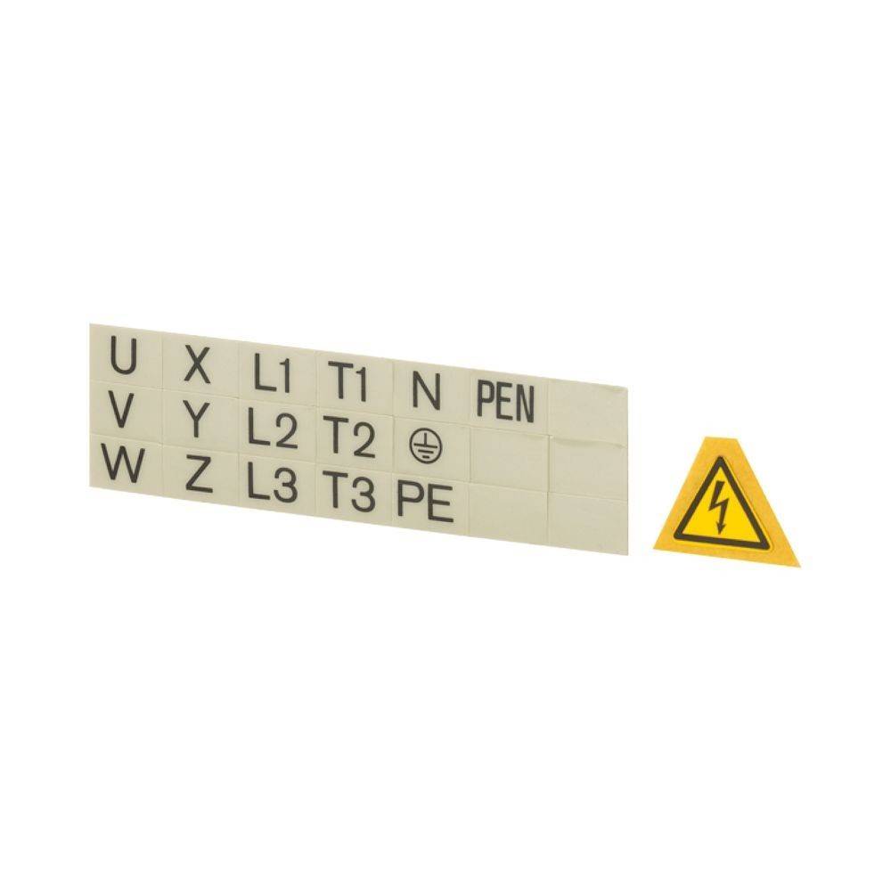 Elektrische Schalttafel-Beschriftungen mit Text 'U V W X Y Z L1 L2 L3 T1 T2 T3 N PE PEN', neben einem gelben dreieckigen Hochspannungs-Warnschild.