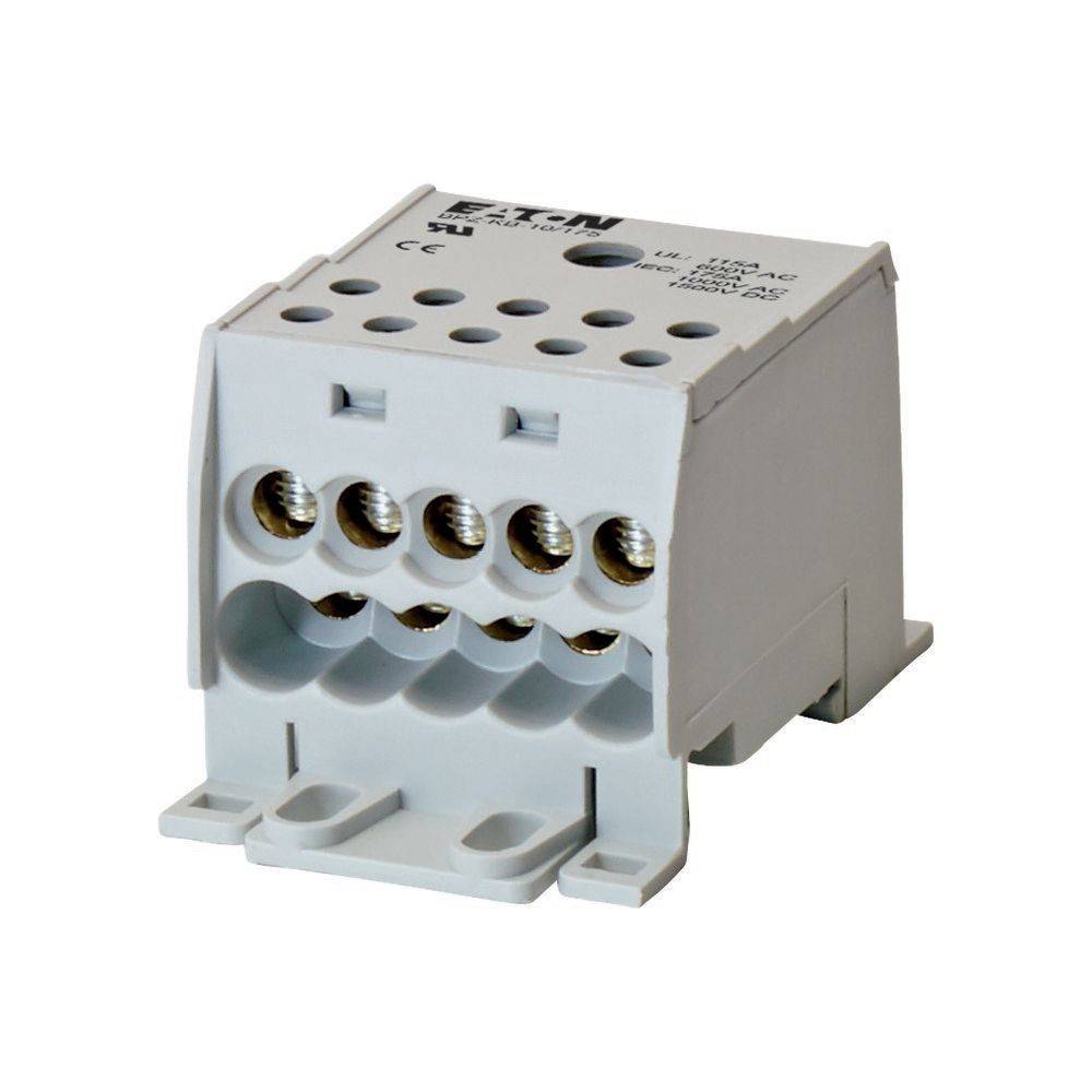 Ein grauer elektrischer Anschlussblock mit fünf Schraubanschlüssen, konzipiert für eine sichere Drahtbefestigung, mit Zertifizierungsmarkierungen auf der Oberseite.
