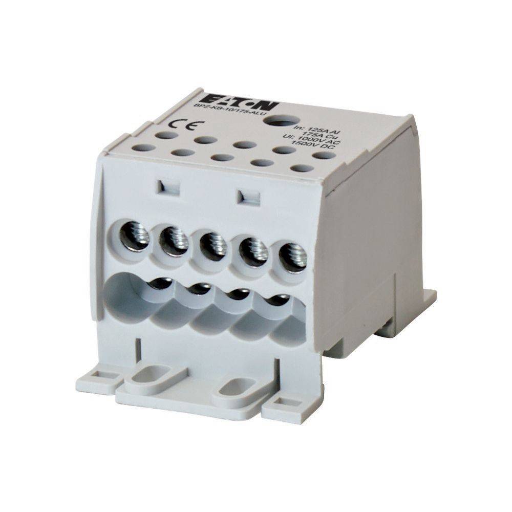 Ein kompakter, weißer Elektroanschlussblock mit mehreren Verbindungspunkten, der zur Organisation und Sicherung von elektrischen Kabeln entwickelt wurde.