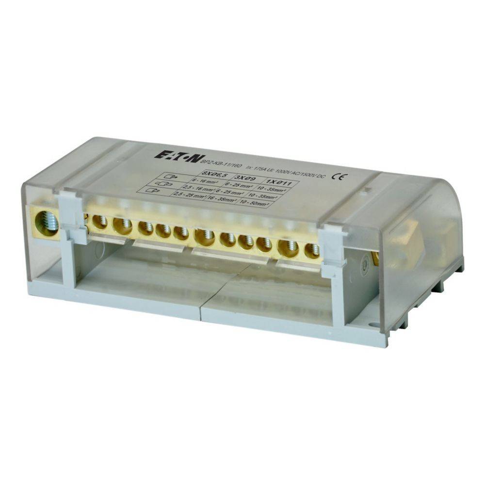 Grauer geschlossener elektrischer Reihenklemmenblock mit acht vergoldeten Schraubanschlusspunkten, Marke Eaton, Modell B200-L100.