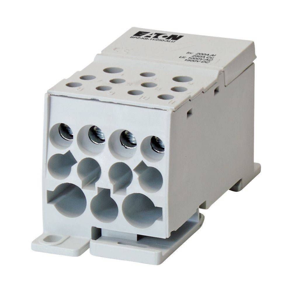 Ein weißer elektrischer Anschlussblock mit mehreren Anschlusspunkten, mit der Bezeichnung 'ETI', der für die Verteilung von elektrischer Energie konzipiert ist.