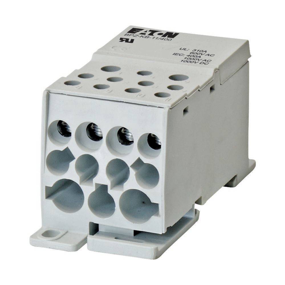 Eine rechteckige elektrische Komponente von Eaton, konzipiert für Verdrahtungsanschlüsse, mit mehreren kreisförmigen Anschlussöffnungen für Drahteinführung.