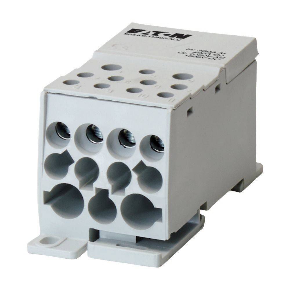 Eaton Elektroverbindungsblock mit mehreren Anschlussports, verwendet für effiziente elektrische Schaltungsverbindungen, isoliert auf einem weißen Hintergrund.