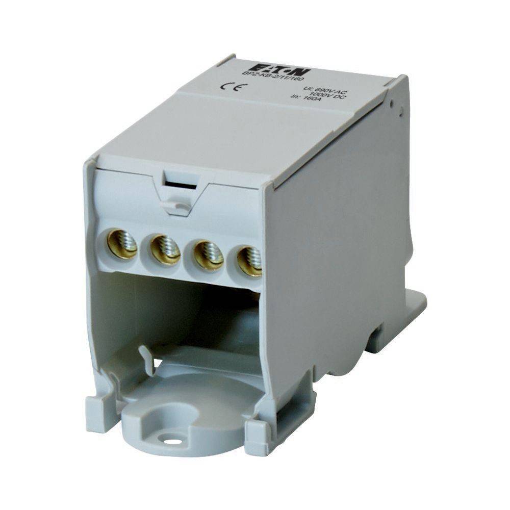 Ein weißer elektrischer Anschlussblock mit drei kreisrunden Metallöffnungen für Verdrahtung, entwickelt zum sicheren Verbinden von elektrischen Schaltkreisen.