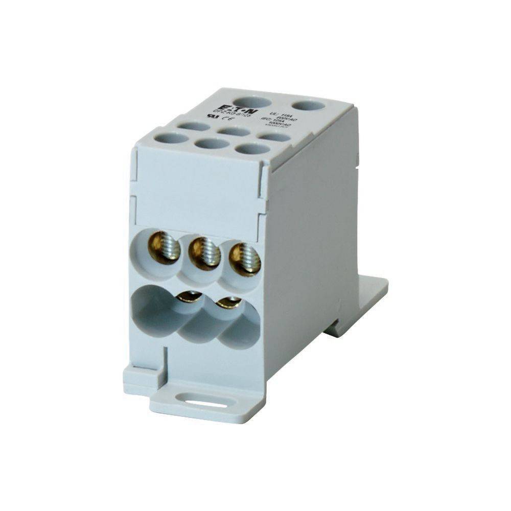 Elektrische Klemmenleiste mit mehreren Anschlusspunkten in einem weißen Gehäuse zur Verdrahtungsorganisation und sicheren elektrischen Verbindung.