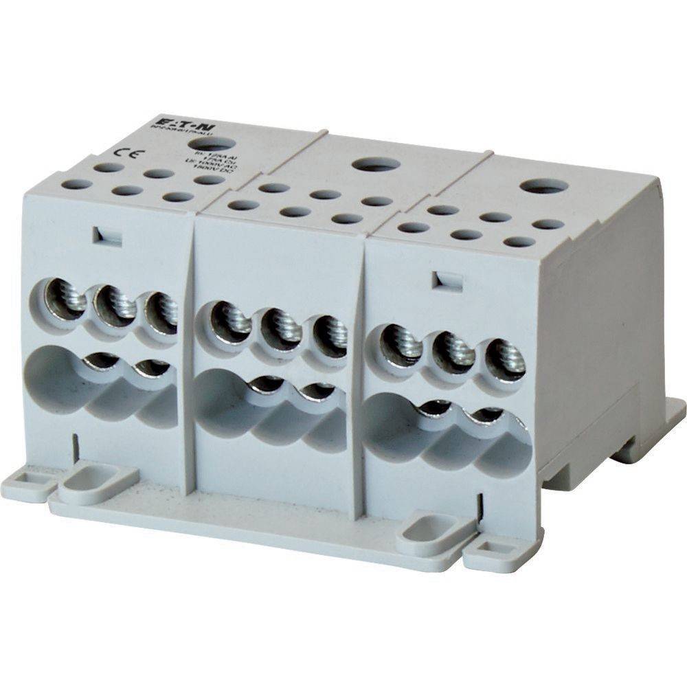 Drei weiße Klemmenblöcke mit mehreren Schraubanschlüssen für elektrische Verkabelung, die zur Befestigung und Organisation von Kabeln verwendet werden.