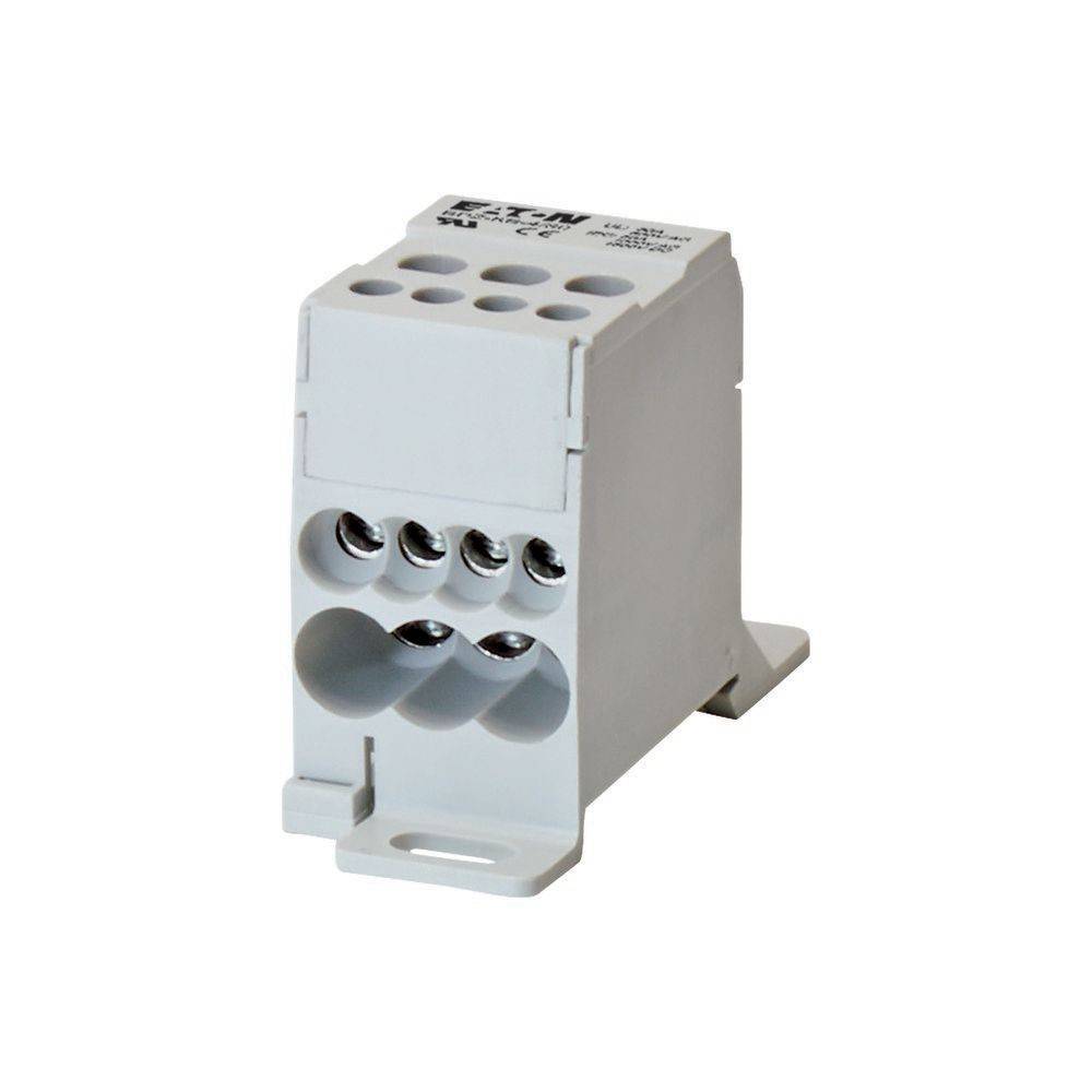 Ein kleiner, rechteckiger elektrischer Anschlussblock mit mehreren Schraubanschlüssen, konzipiert zum Verbinden von Drähten. Er ist weiß und verfügt über eine Montagebasis.