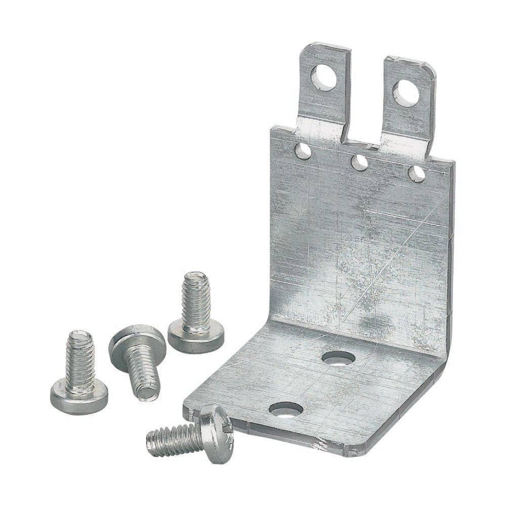 Metallhalterung in L-Form mit vier Befestigungslöchern, inklusive vier Schrauben, zur strukturellen Unterstützung beim Bauen oder Montieren.