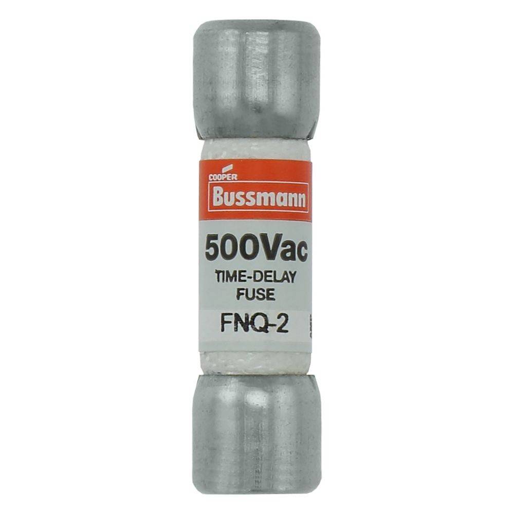 Ein Bussmann 500Vac Zeitverzögerungssicherung mit der Bezeichnung 'FNQ-2' und metallischen Endkappen, die zum Schutz von elektrischen Schaltkreisen verwendet wird.