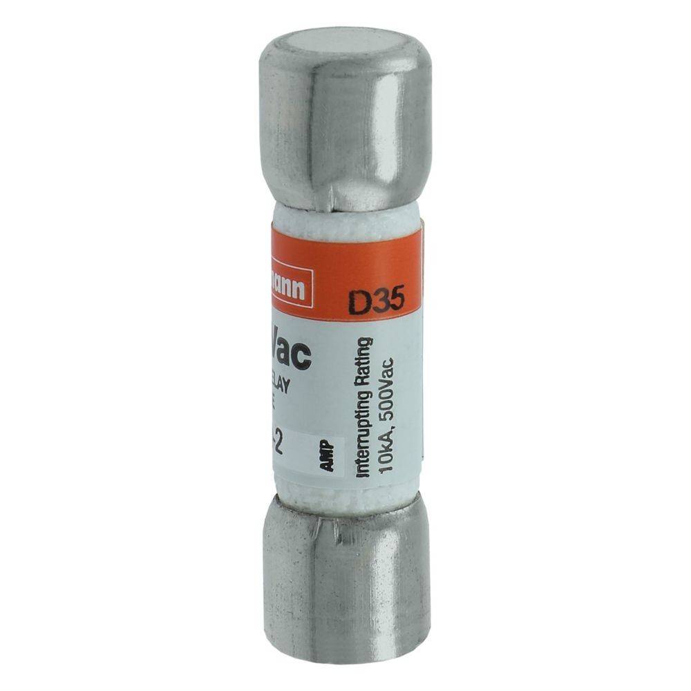 Eine zylindrische Keramik-Sicherung mit Metallenden, beschriftet mit 'D35', ein rot-weißes Band markiert mit '10kA, 500Vac'.
