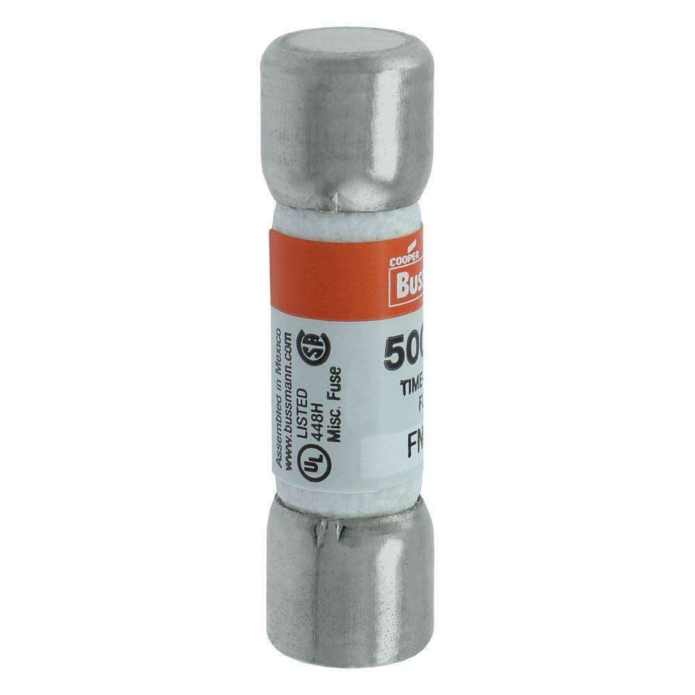 Ein zylindrischer Sicherungseinsatz der Marke Bussmann, ausgelegt für 500 Volt, zur elektrischen Stromkreisabsicherung. Silberne Metallkappen an beiden Enden.