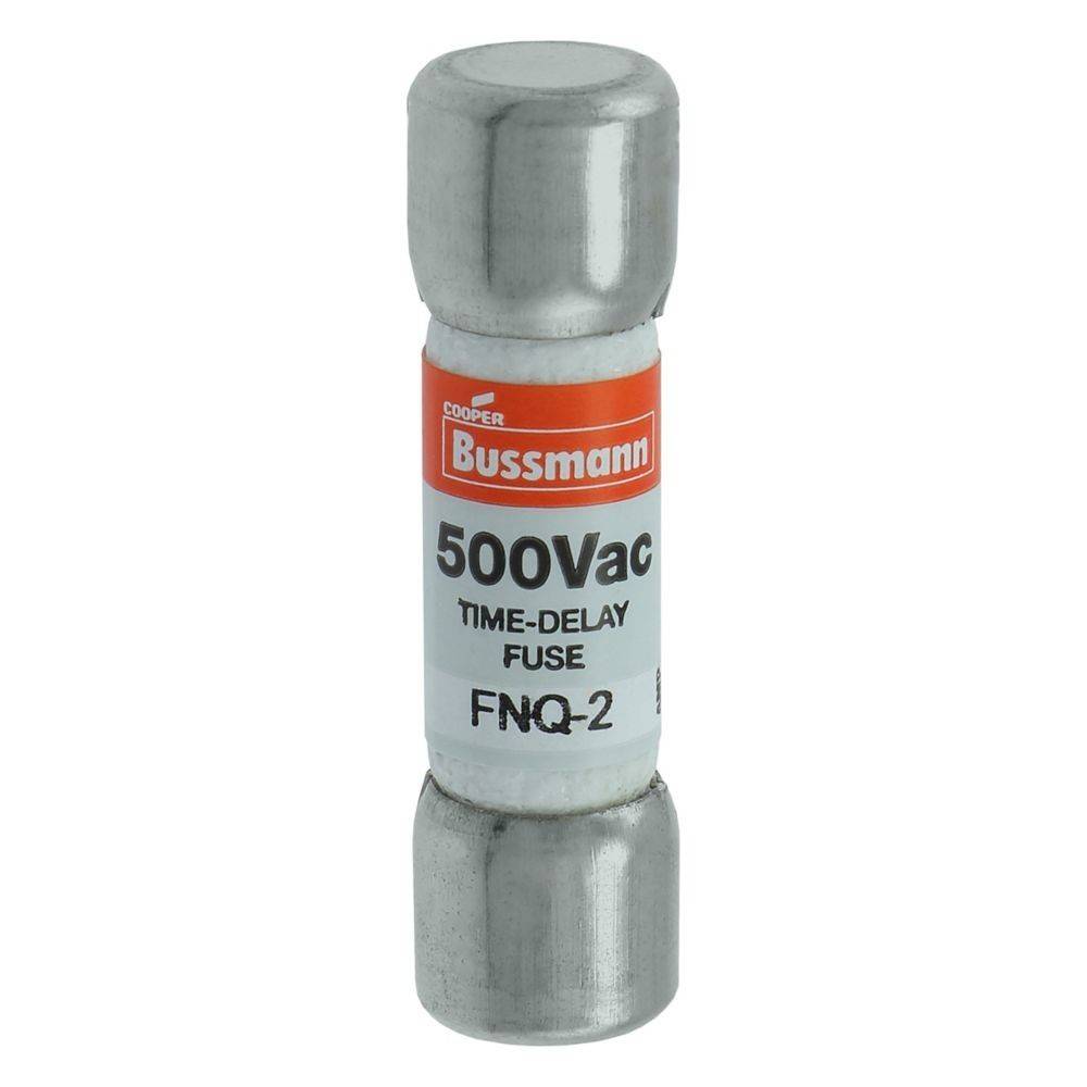 Ein zylindrischer, silberner elektrischer Sicherungseinsatz mit der Beschriftung 'Cooper Bussmann 500Vac Time-Delay Sicherung FNQ-2', der zum Schutz in elektrischen Schaltkreisen verwendet wird.