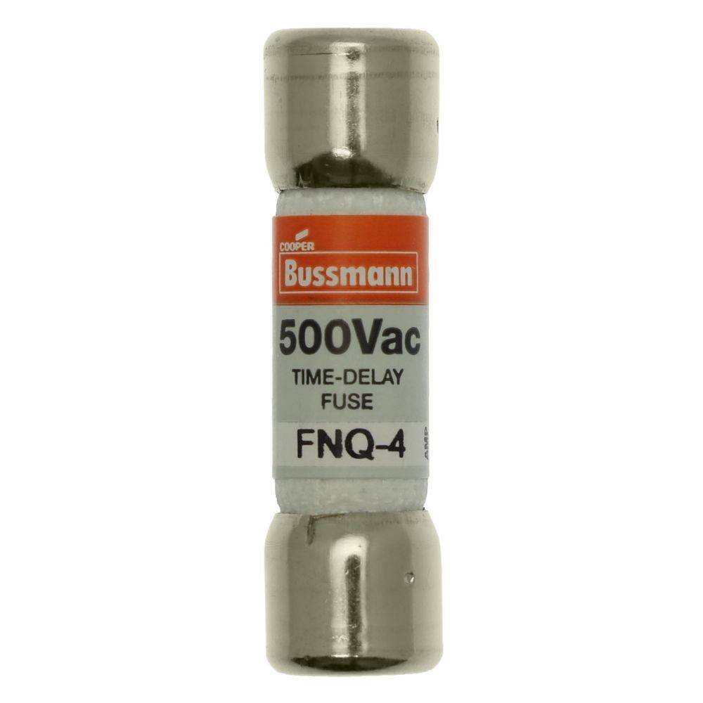 Ein zylindrischer Sicherungseinsatz mit der Beschriftung 'Cooper Bussmann 500Vac Time-Delay Sicherung FNQ-4', der zur elektrischen Sicherheit verwendet wird, um Überstromschäden zu verhindern.