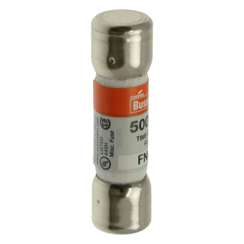Eine Zylindersicherung mit metallischen Enden und einem beschrifteten Gehäuse, das eine Nennspannung von '500V' und eine Stromstärke von '10A' anzeigt.