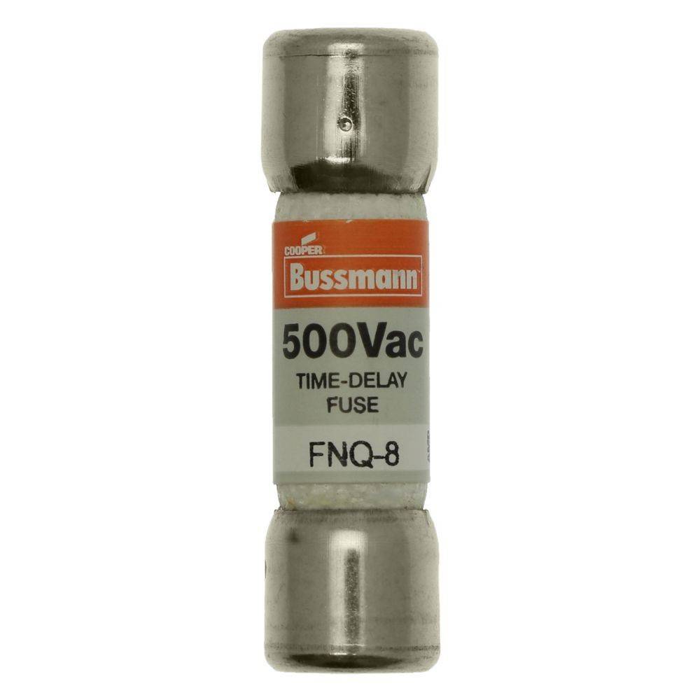 Eine zylindrische Bussmann Zeitverzögerungssicherung für 500V AC, gekennzeichnet als 'FNQ-8'.