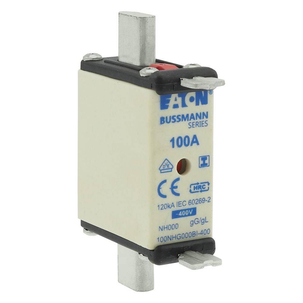 EATON BUSSMANN SERIE 100A' Sicherung mit Spezifikationen: 120 kA, IEC 60269-2, -400 V. Weißer rechteckiger Körper mit Metallanschlüssen.