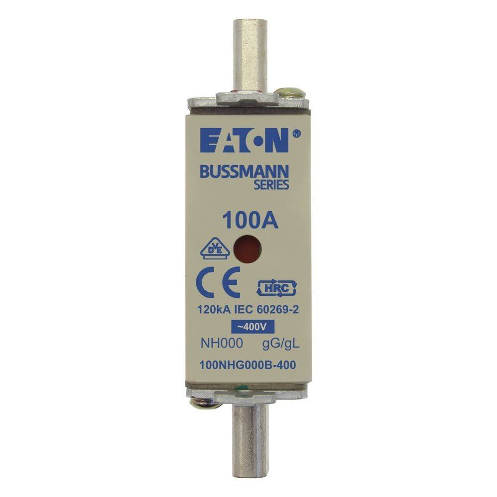 Eine 100A EATON Bussmann-Reihe elektrische Sicherung, gekennzeichnet mit 'NH000', 'gG/gL' und Standard-Konformitätsmarkierungen. Geeignet für 400V-Stromkreise.