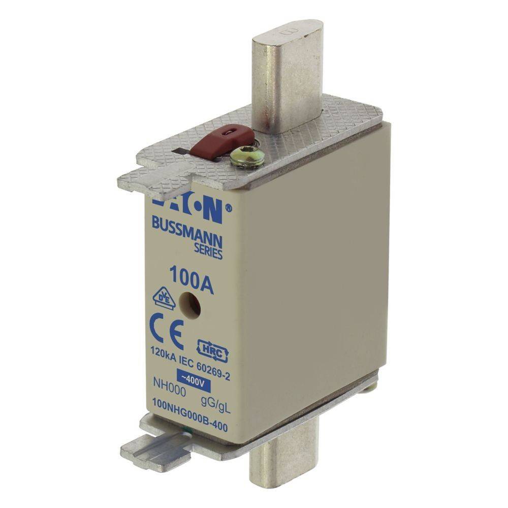 Ein 'Bussmann Serie 100A' Sicherung mit Metallkontakten, gekennzeichnet für '400V' und 'IEC 60269-2' Konformität.