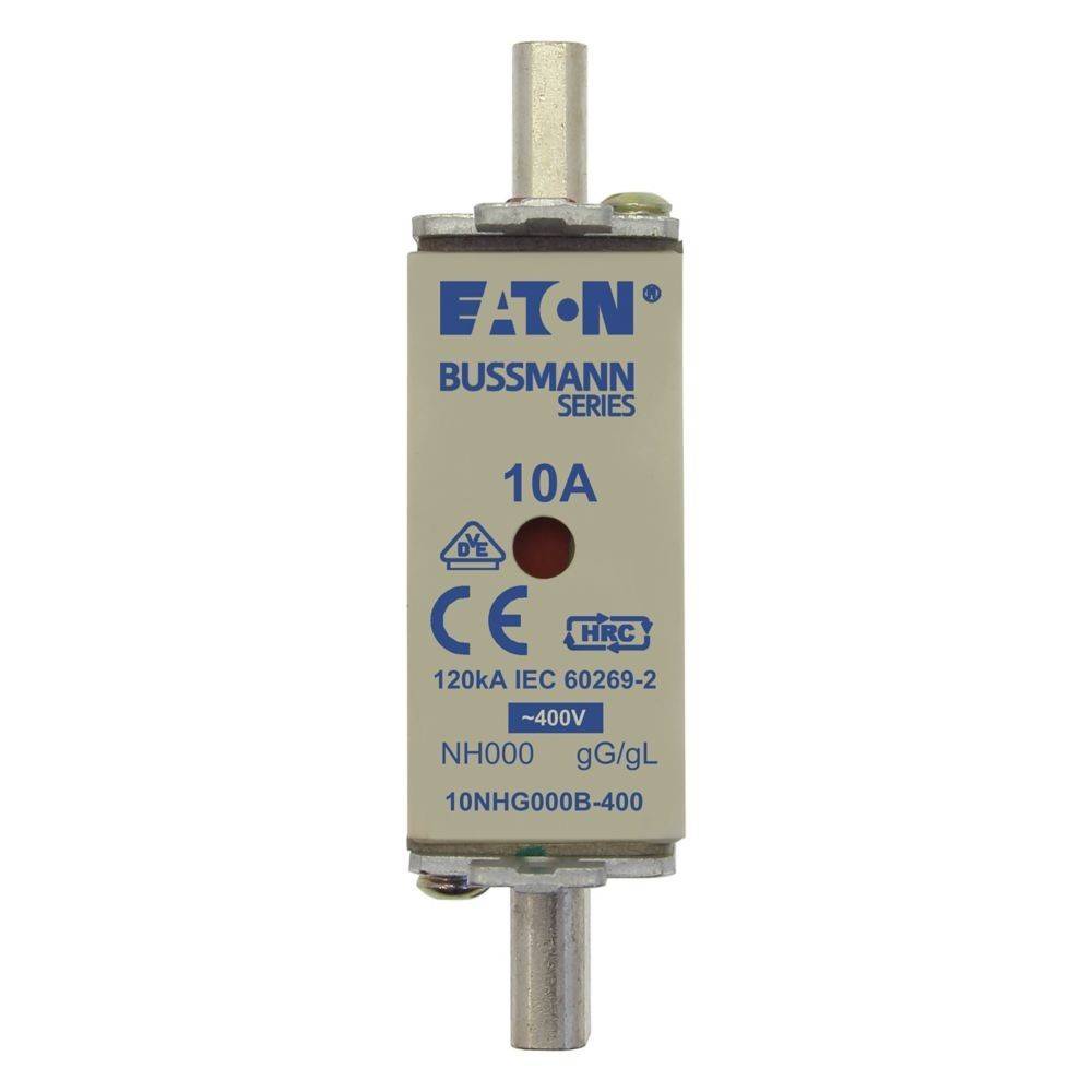Eaton Bussmann 10A Sicherung; 120kA IEC 60269-2, 400V; NH000, gG/gL; weißer Körper, Metallkontakte; Zertifizierungszeichen sichtbar.