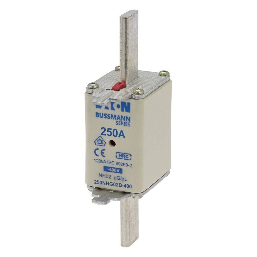Eine Sicherung mit Metallkontakten an beiden Enden, beschriftet mit 'Eaton Bussmann Series 250A' für den elektrischen Einsatz, die Spezifikationen und Sicherheitsmarkierungen zeigt.