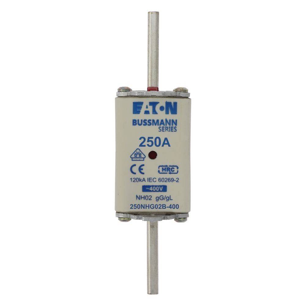Das Bild zeigt eine Eaton Bussmann Sicherung der Reihe mit der Bezeichnung '250A', geeignet für bis zu 400V. CE- und HRC-Kennzeichen sind sichtbar.