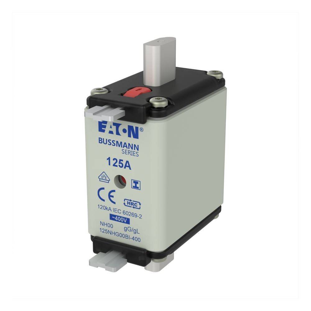 Eaton Bussmann NH00 Sicherung, 125A, 400V, Modell 125NHG00B1-400, verfügt über ein Kunststoffgehäuse und sichtbare Metallkontakte, wird zur elektrischen Sicherheit verwendet.