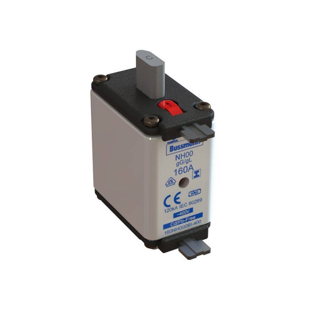 NH00 gG/gL 160A Sicherung von 'Bussmann', CE-zertifiziert, 120 kA IEC 60269-konform, auf weißem Hintergrund dargestellt.