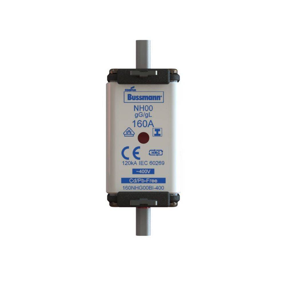 Ein Bussmann NH00-Sicherung mit der Beschriftung '160A 400V', die die CE-Normen erfüllt und für 120 kA nach IEC 60269 ausgelegt ist, cadmium- und bleifreie Ausführung.