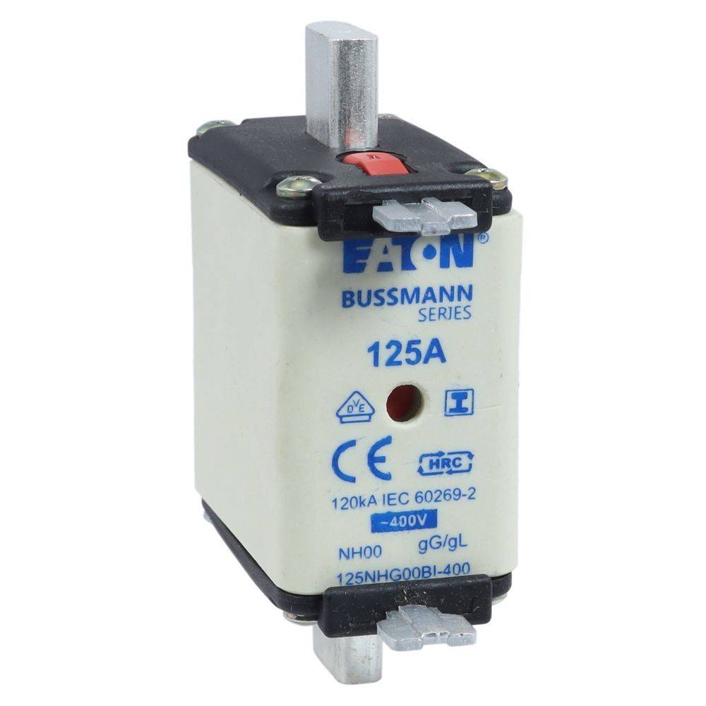 Eaton Bussmann-Reihe 125A-Sicherung mit '120kA IEC 60269-2' und '−400V' auf dem Gehäuse markiert; verfügt über einen Metallklemmanschluss und Sicherheitssymbole.