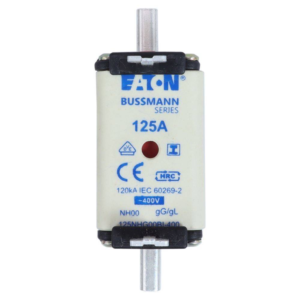 Eine weiße Eaton Bussmann Sicherung mit Markierungen: '125A', '120kA IEC 60269-2' und '400V'. Entwickelt für elektrische Sicherheit und Stromkreisschutz.