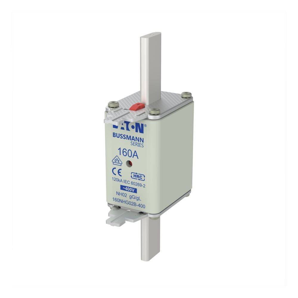 Blocksicherung der Bussmann-Serie mit 160A, weiße Keramikgehäuse und Metallkontakten zur elektrischen Stromkreisabsicherung.