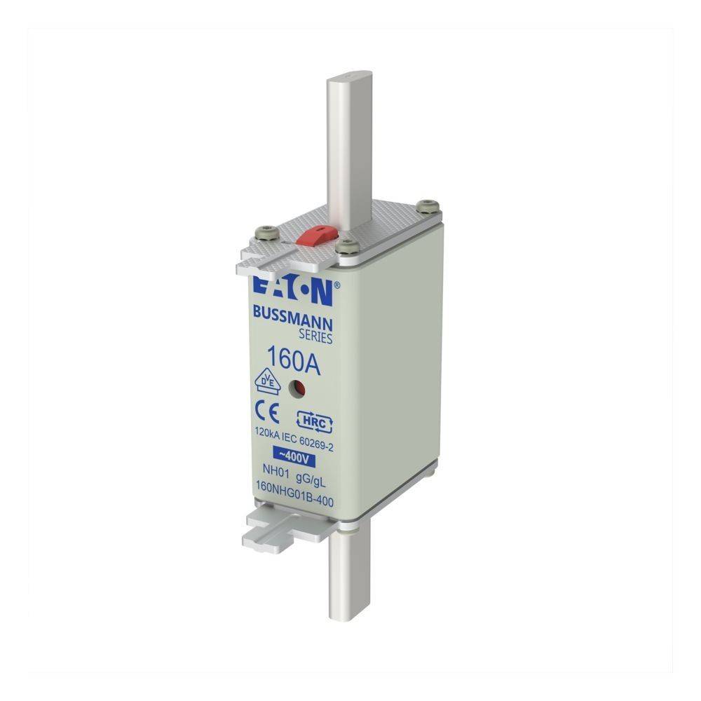 Eaton Bussmann Serie 160A Sicherung, weiß mit blauen Buchstaben, mit Zertifizierungsmarkierungen und Teilenummer für elektrische Sicherheitsanwendungen.