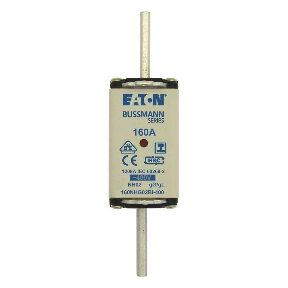 Sicherung der Eaton Bussmann-Reihe, 160A, 120kA IEC 60269-2, 400V, NH02, gG/gL, Modell: 160NHG02B1-400, mit CE- und HRC-Zertifizierungszeichen.