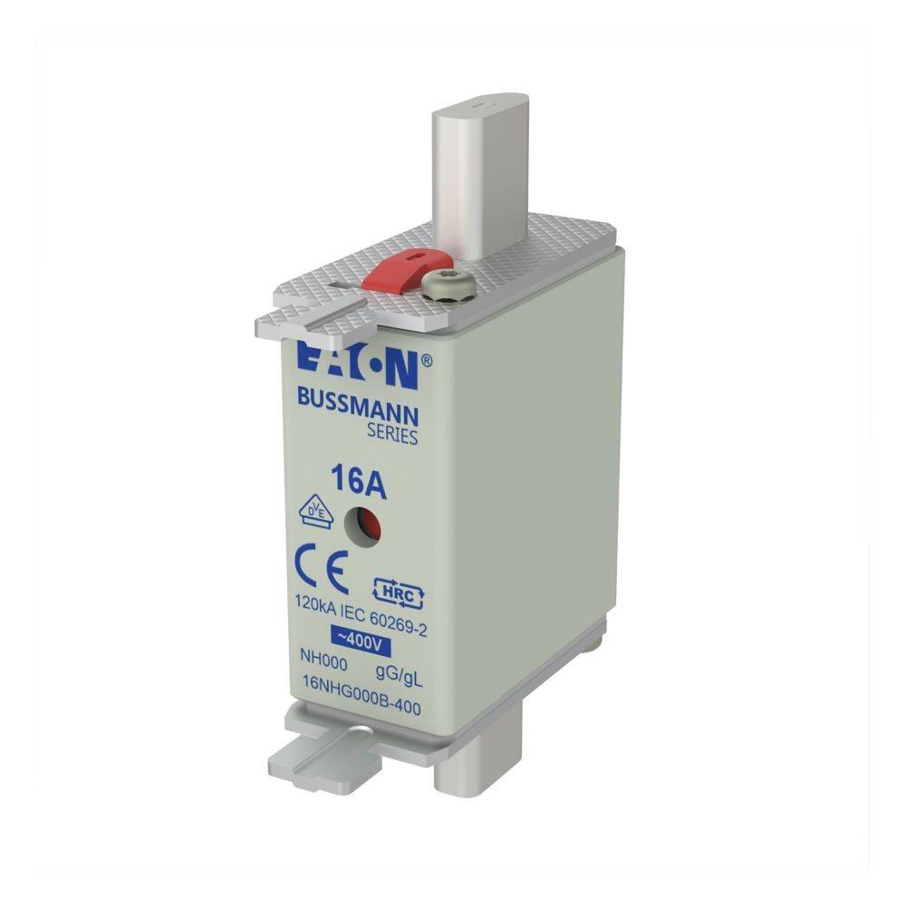 Eaton Bussmann Sicherung 16A, NH000-Typ, 400V, mit CE-Kennzeichnung, für elektrische Schaltkreise, in vertikaler Position dargestellt.
