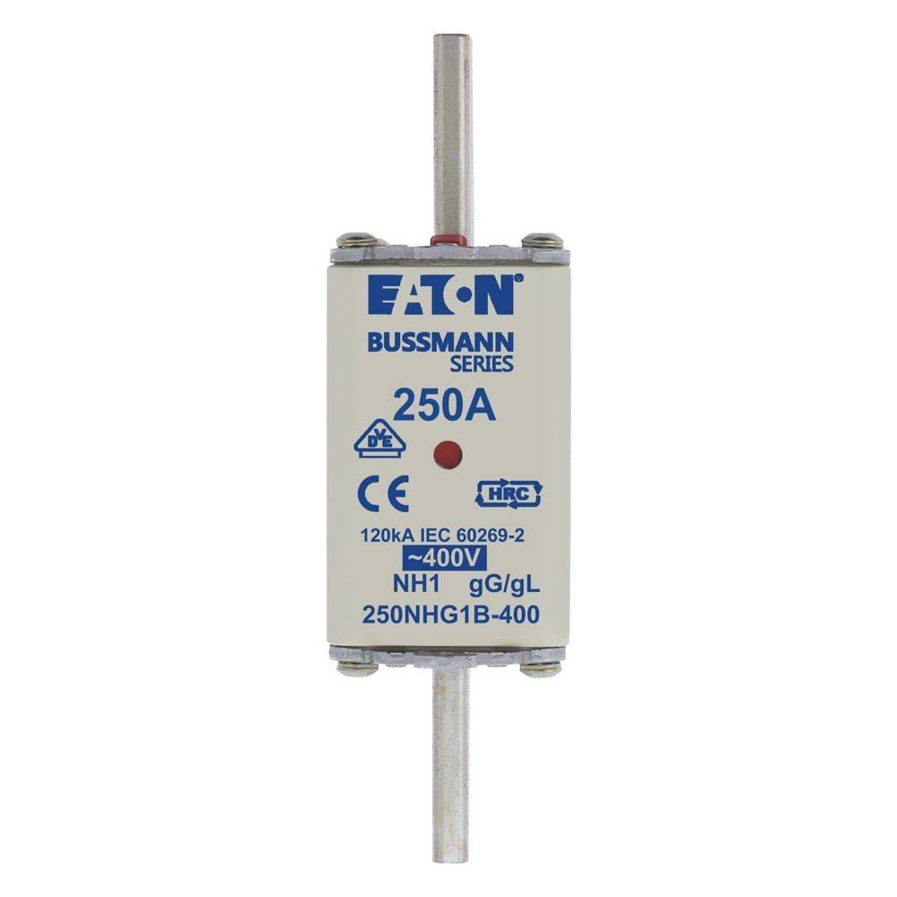 Eaton Bussmann Serie 250A NH1-Sicherung, 400V, 120kA IEC 60269-2, Typ gG/gL, Modell 250NHG1B-400, Frontansicht mit Metallkontakten.