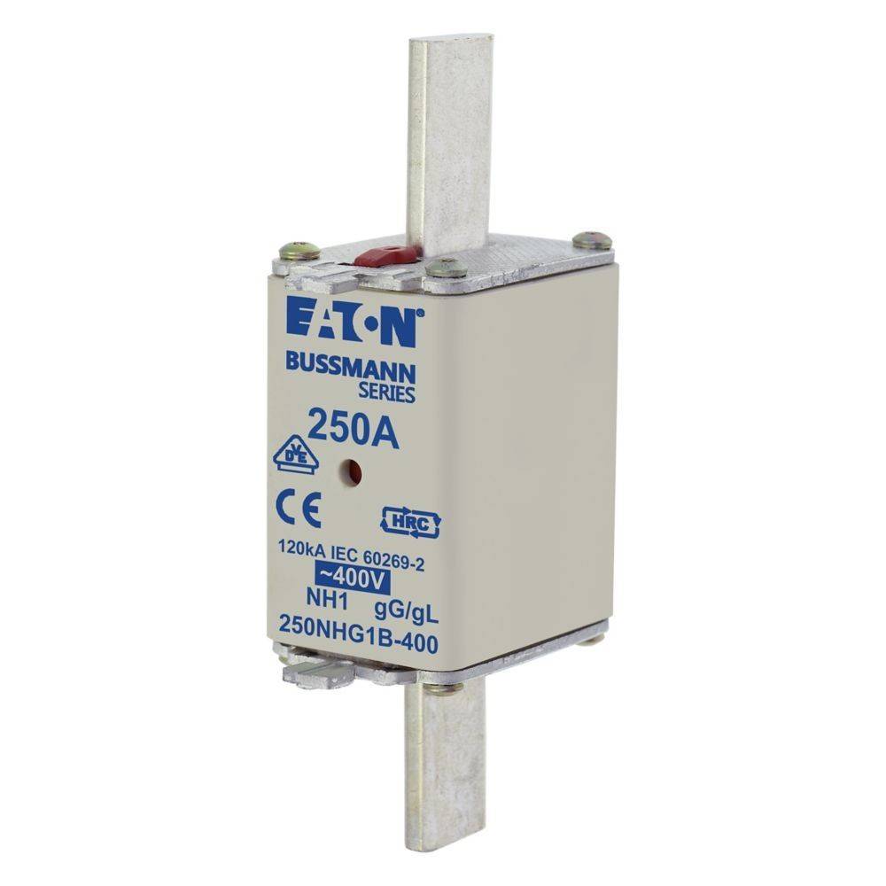 Eaton Bussmann Serie 250A Sicherung, 400V, Typ NH1, Modell 250NHG1B-400, mit Metallkontaktplatten an beiden Enden.