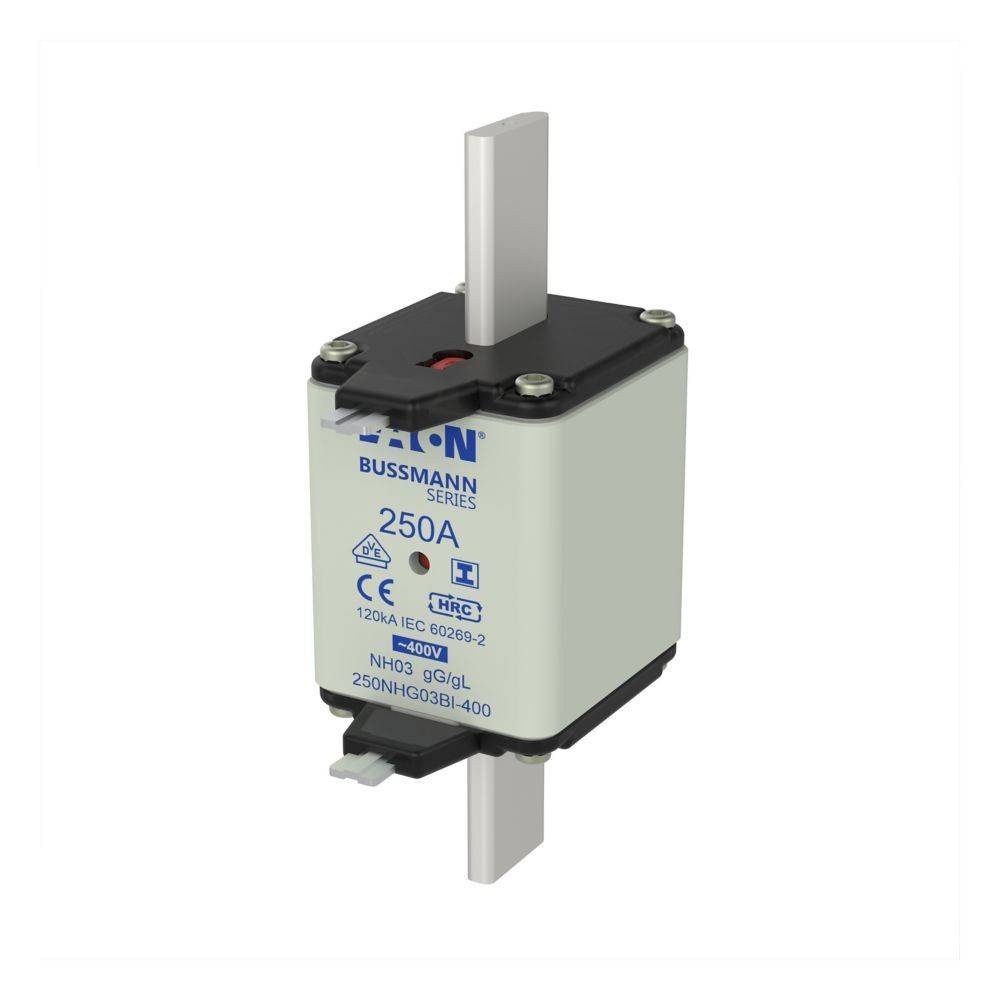 Eine 250A Sicherung aus der Eaton Bussmann-Reihe, gekennzeichnet mit 'CE' und 'HRC', entwickelt für 400V-Systeme mit sichtbaren technischen Codes.