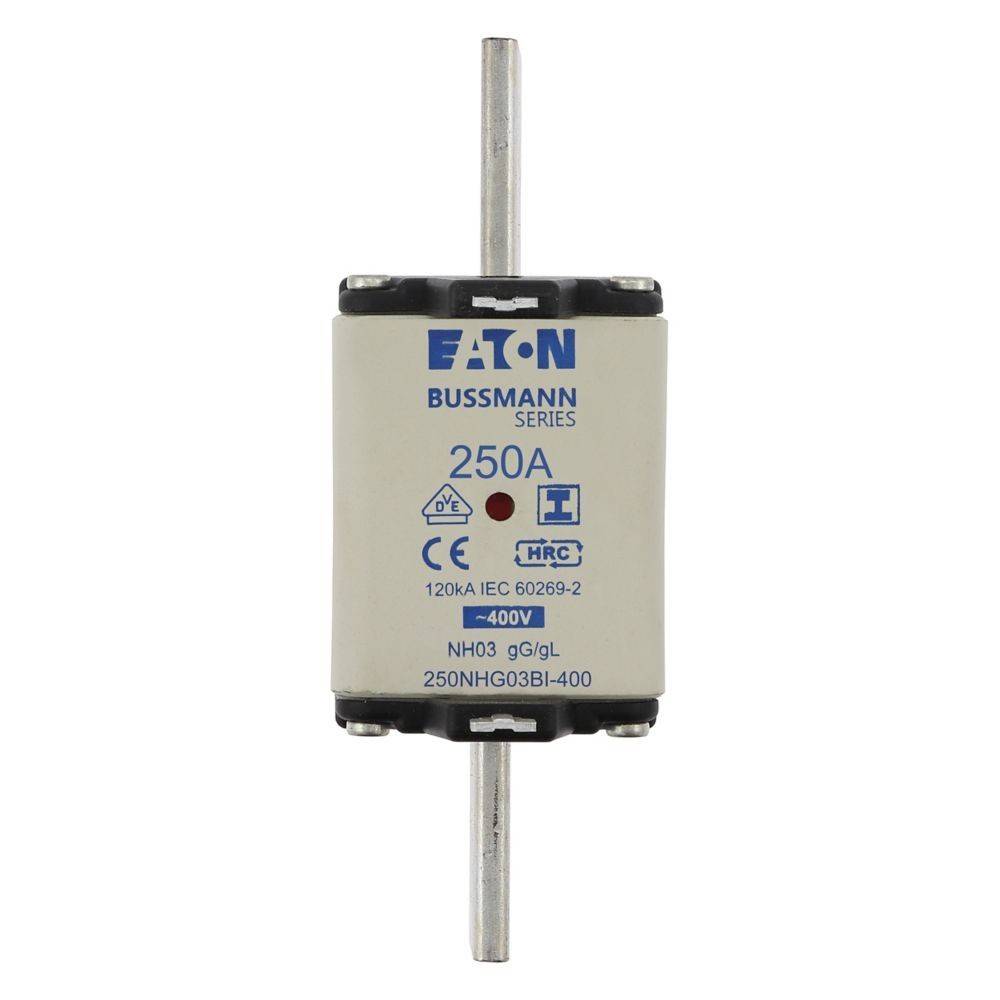250A NH3-Sicherung von Eaton Bussmann Series, nach IEC 60269-2 Norm, 400V, gG/gL-Typ, 120kA Schaltvermögen.