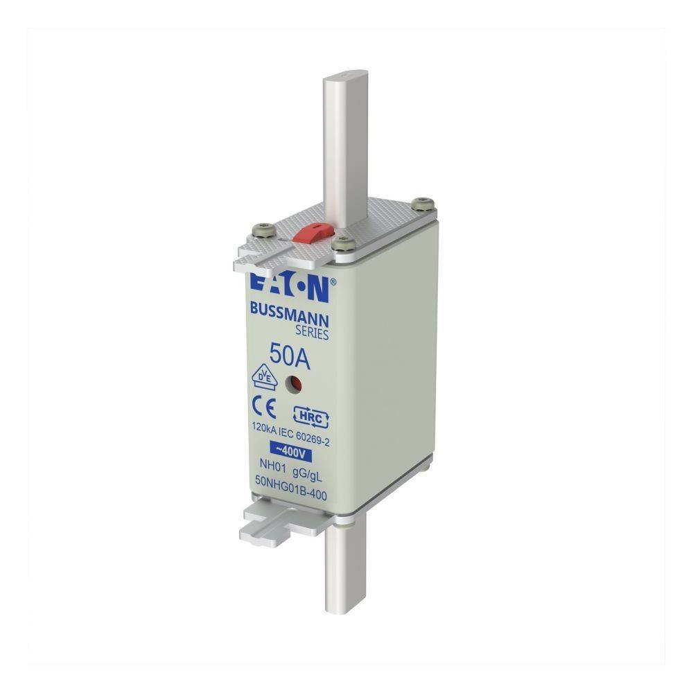 Eaton Bussmann NH-Sicherung mit 50A-Nennwert, Modell NH-01 gG, mit grauem rechteckigem Gehäuse und Metallkontakten, zur Stromkreisabsicherung.