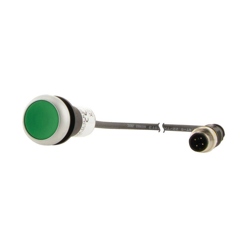 Ein grüner Industrietaster mit einem grauen Anschlusskabel, das an einen kreisförmigen Stecker angeschlossen ist, der zur Steuerung von Maschinen oder elektronischen Geräten verwendet wird.
